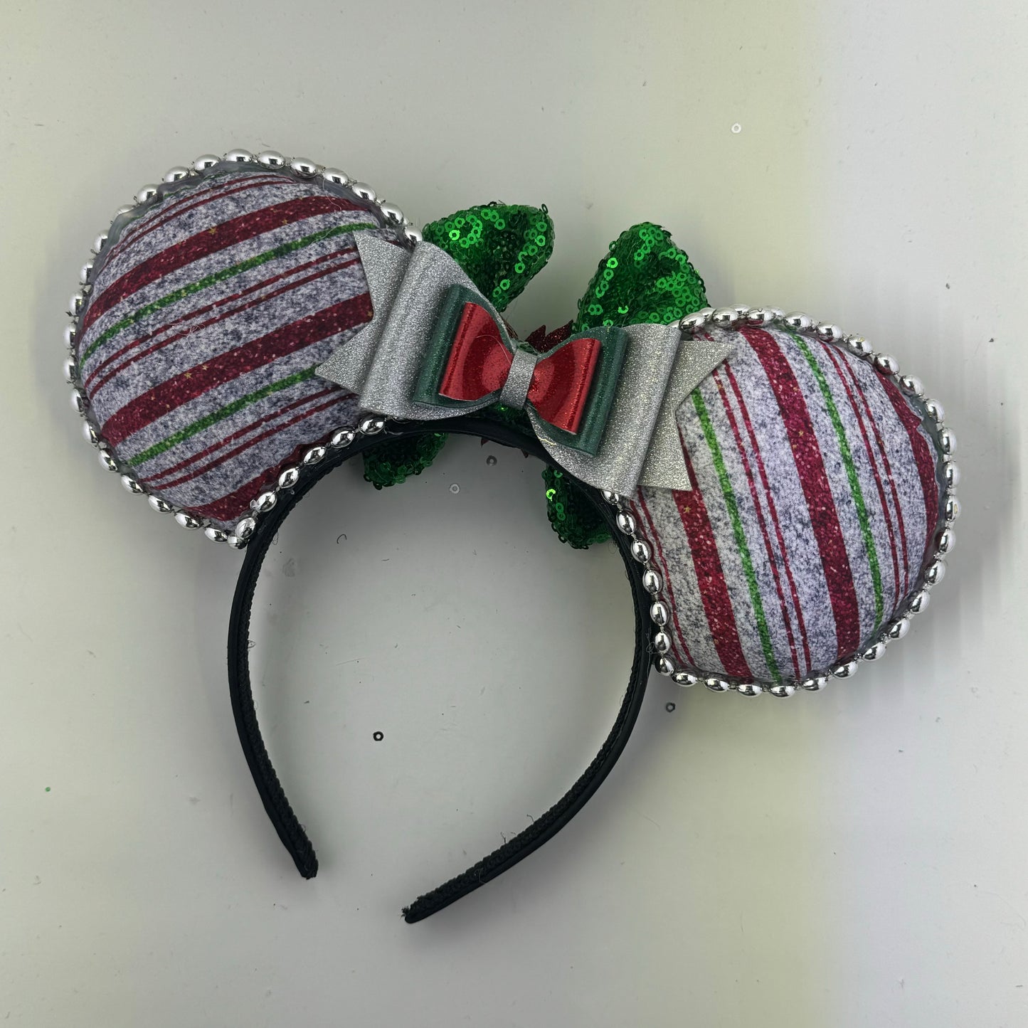 Christmas Stripes Silver w/ Green Bow Ears