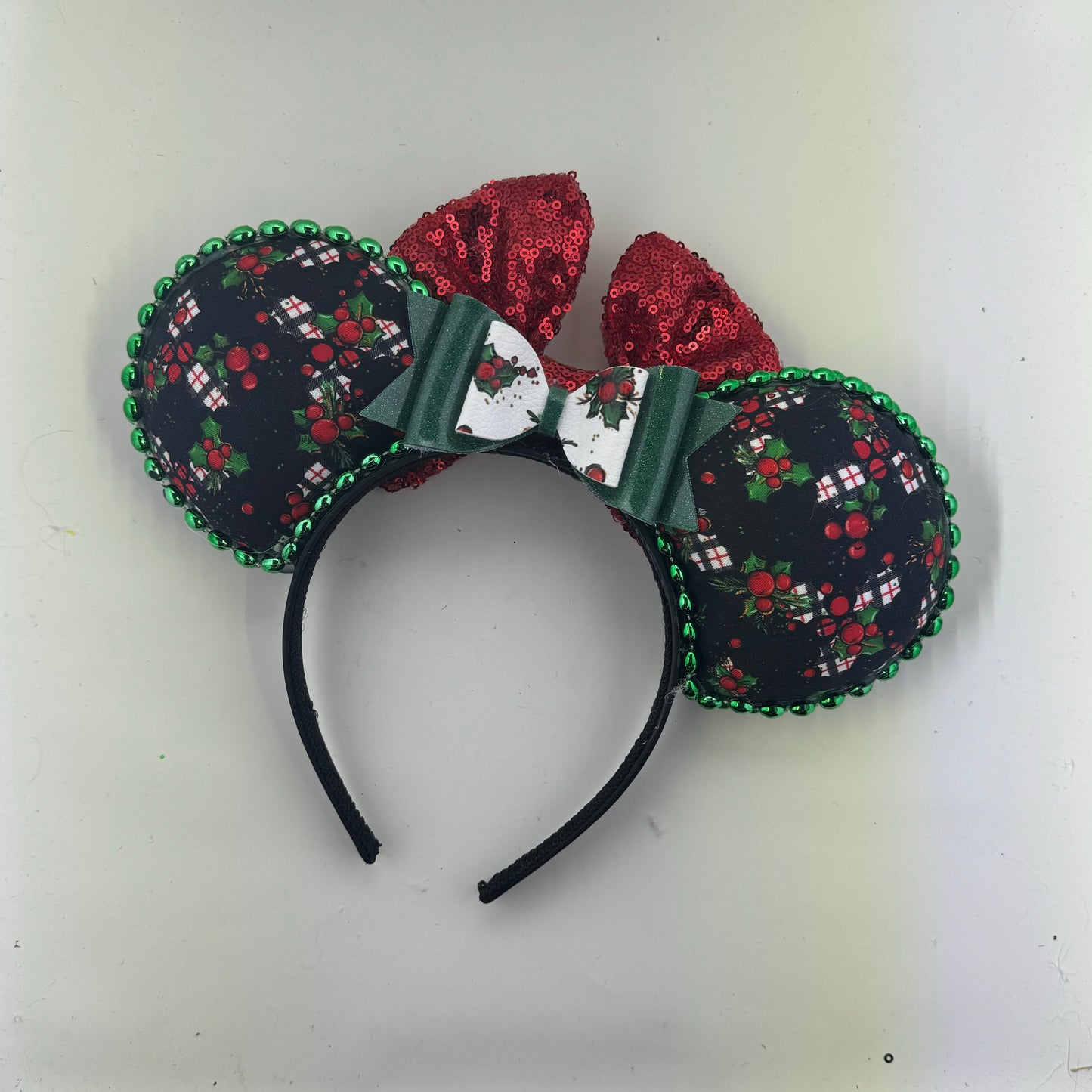 Christmas Mouse Classic Holly Black Plaid w/ Red Bow Ears.