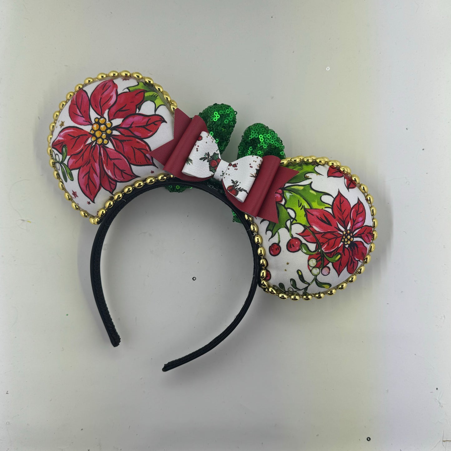 Santas Workshop w/ White Floral Green Bow Ears