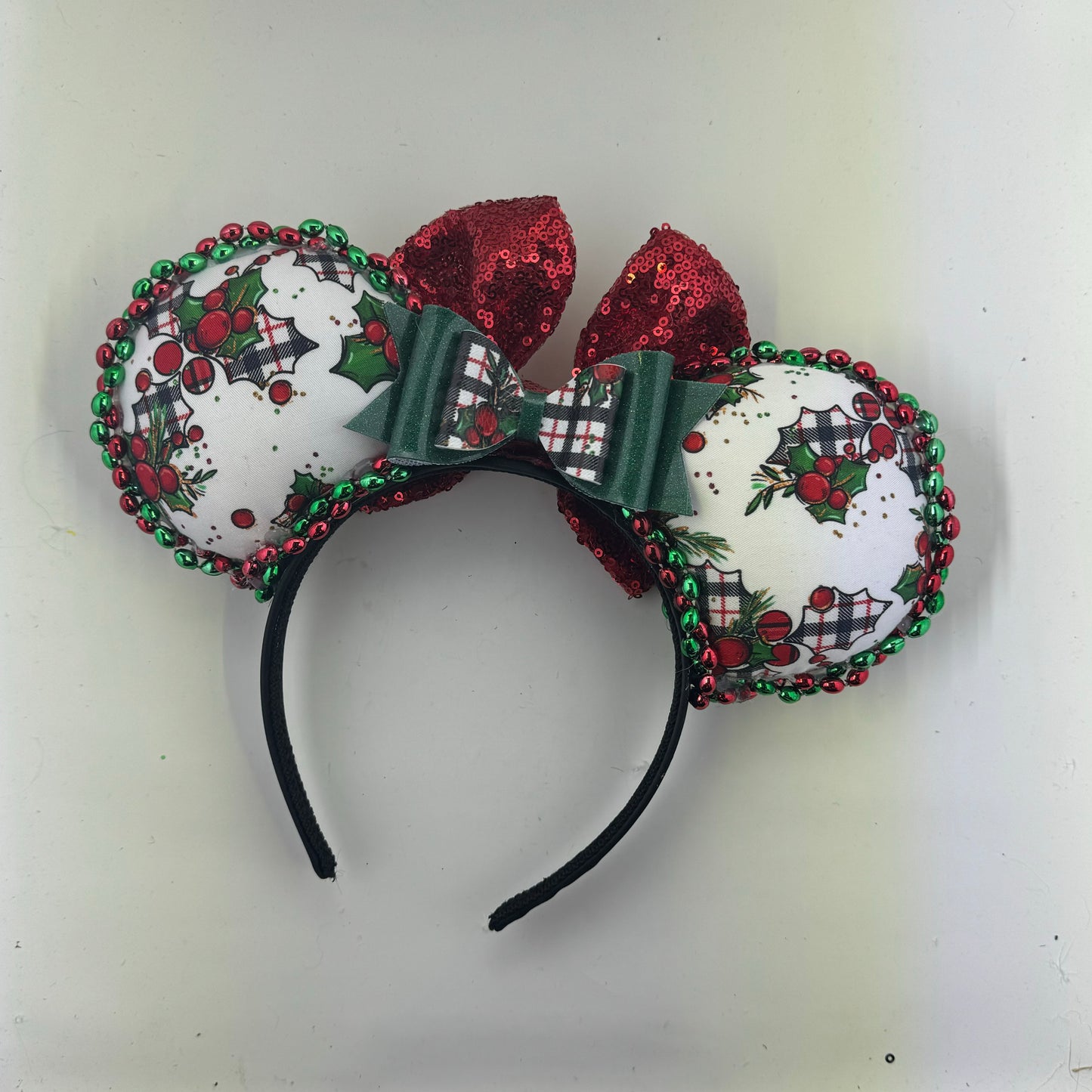 Christmas Mouse Classic Holly White Plaid w/ Red Bow Ears.