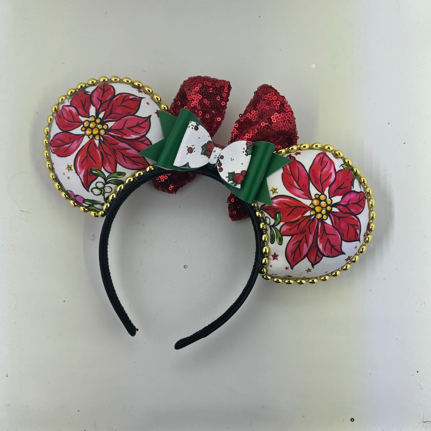 Santas Workshop w/ White Floral Red Bow Ears
