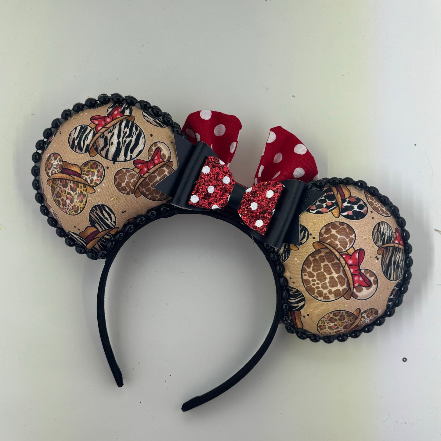 Safari Heads w/ Red Small Polka Dots Bow Ears