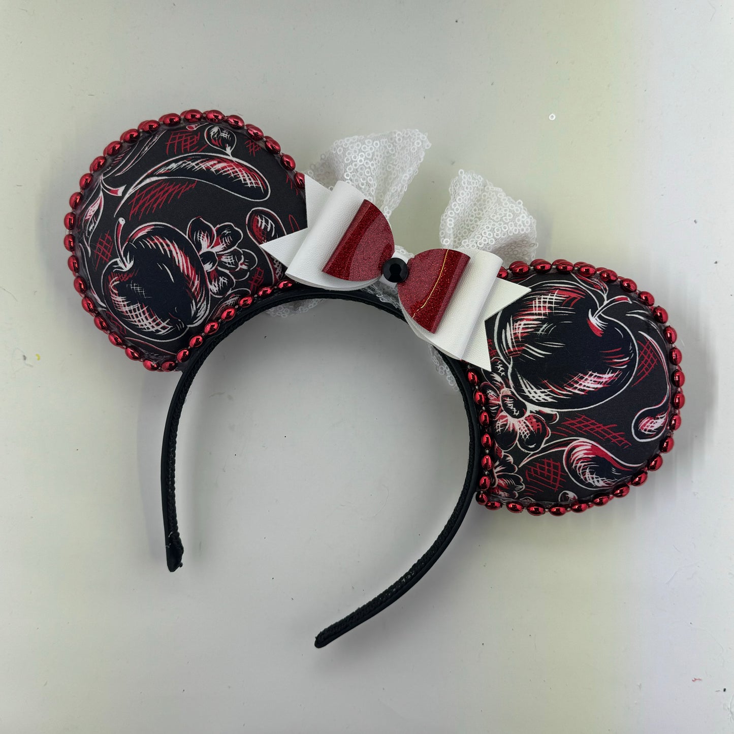 Poison Apple Toile Black Apples w/ White Bow Ears