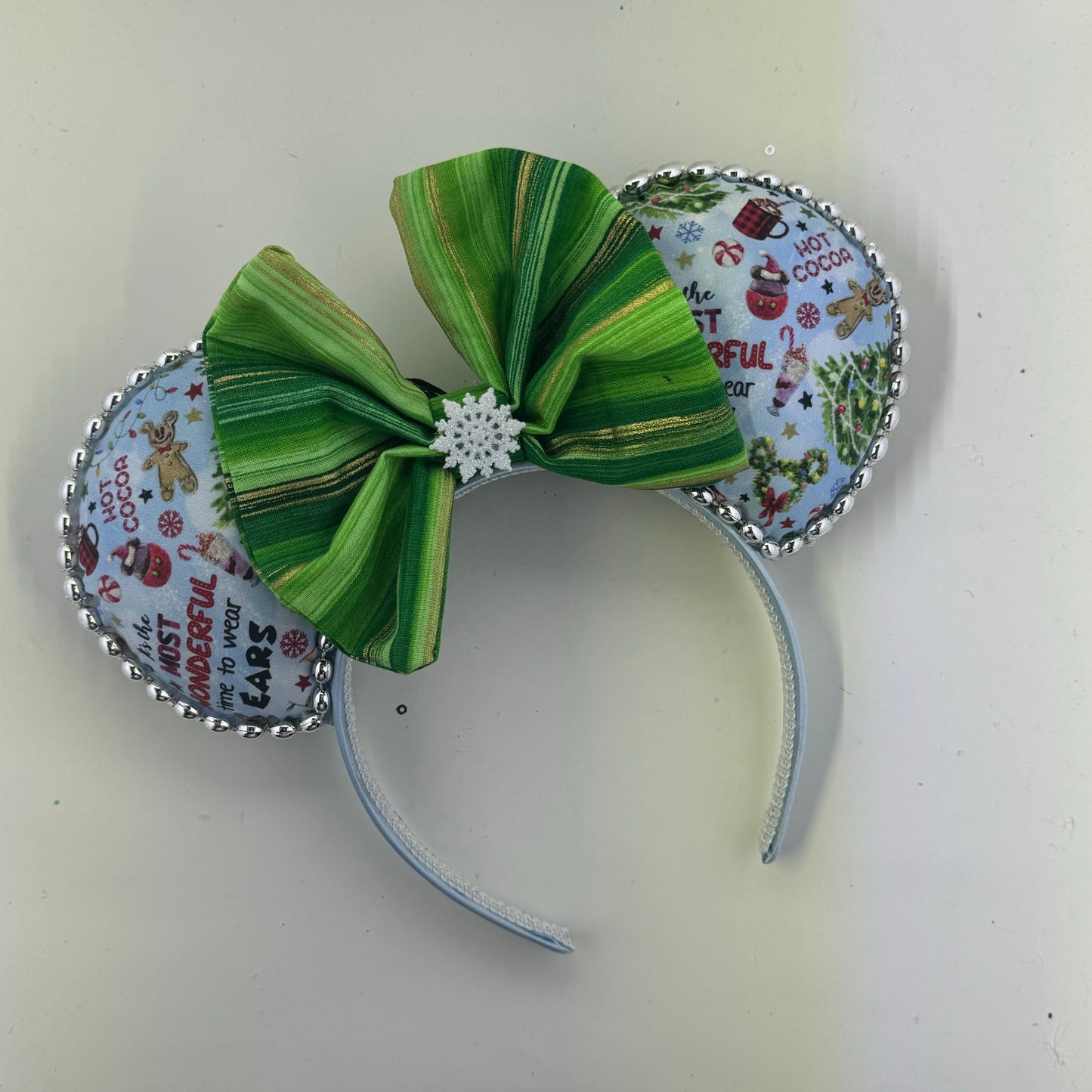 Most Wonderful Time of the Year Blue w/ Tree Green Glitter Bow Ears
