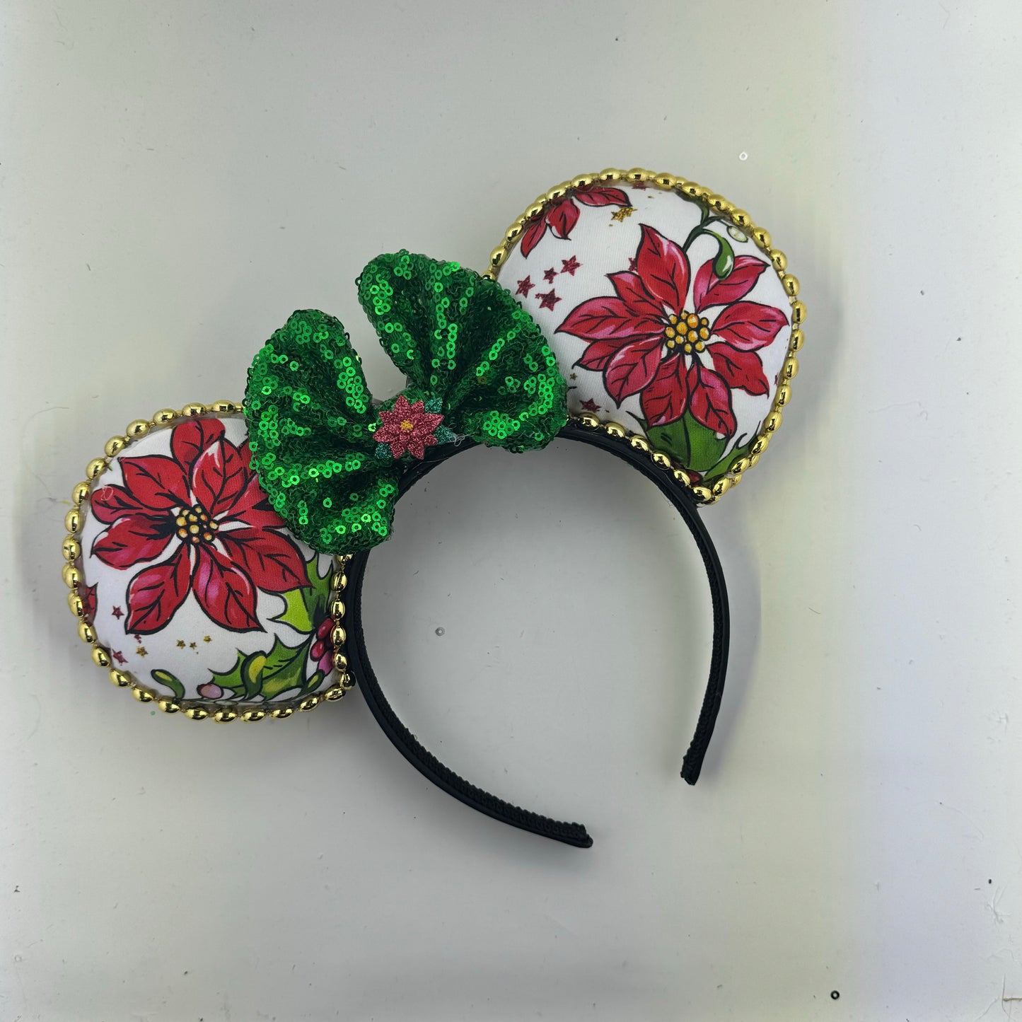 Santas Workshop w/ White Floral Green Bow Ears