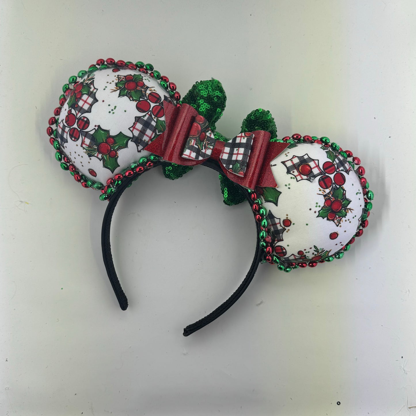 Christmas Mouse Classic Holly White Plaid w/ Green Bow Ears.