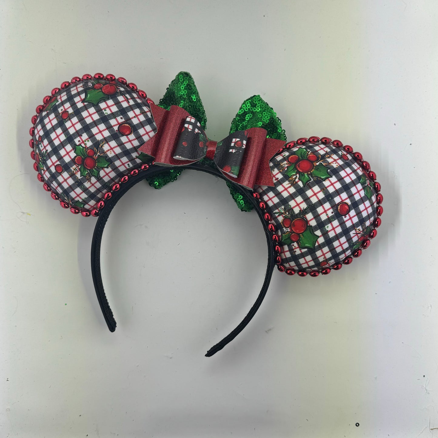 Christmas Mouse Classic White Holly Plaid w/ Green Bow Ears.