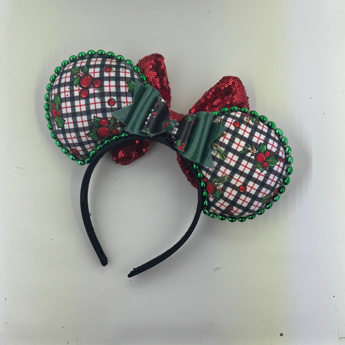Christmas Mouse Classic White Holly Plaid w/ Red Bow Ears.