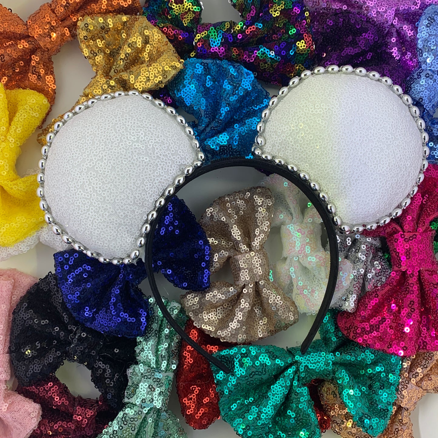 Sequin Ears For Dance Teams (White Base | Silver Beads)