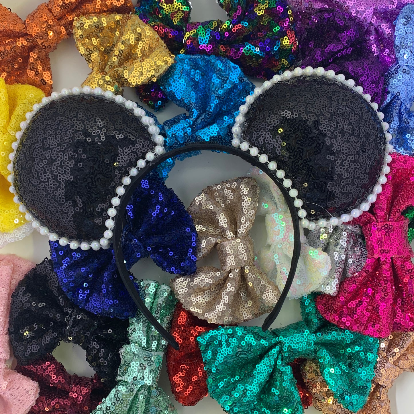 Sequin Ears For Dance Teams (Black Base | White Beads)