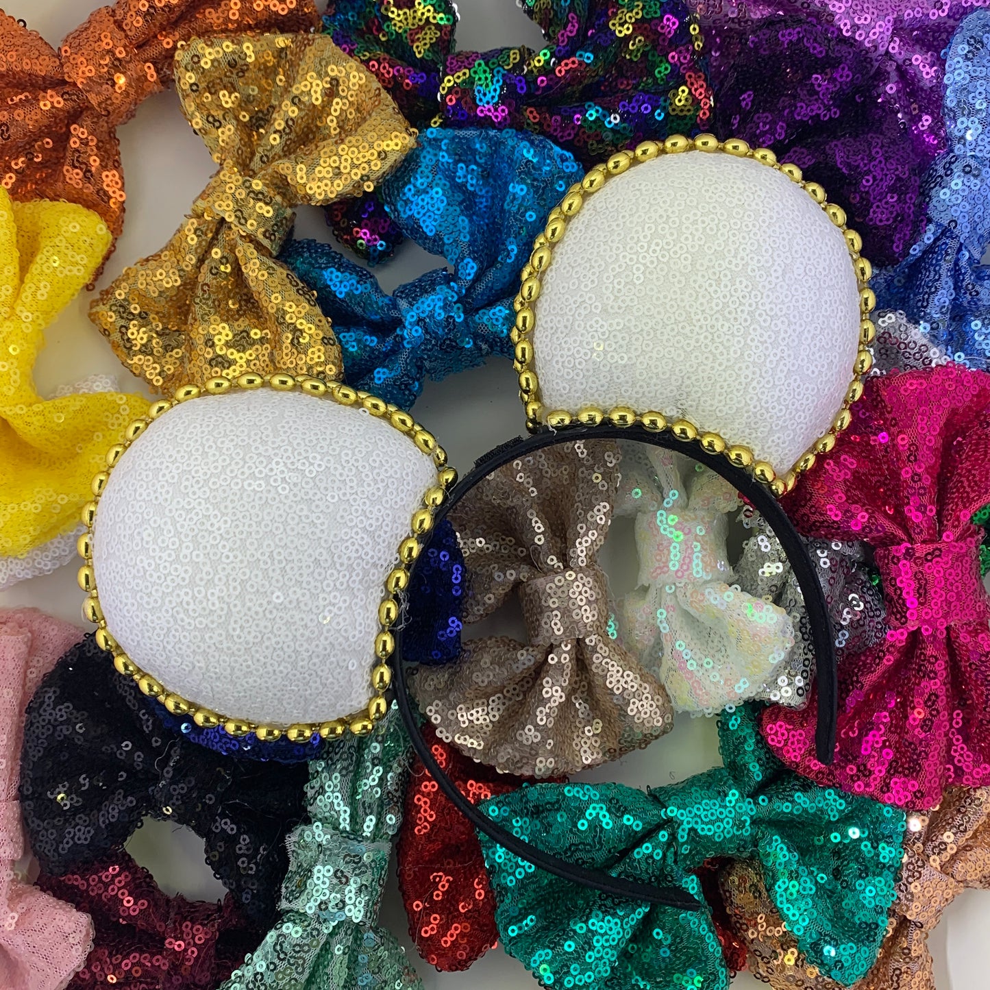 Sequin Ears For Dance Teams (White Base | Gold Beads)