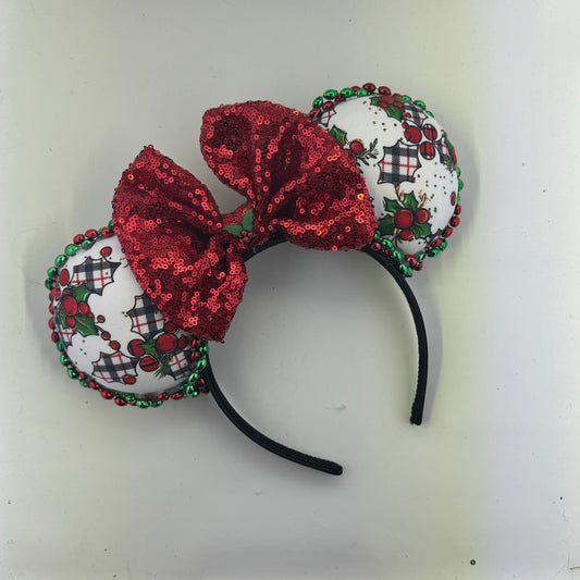 Christmas Mouse Classic Holly White Plaid w/ Red Bow Ears.