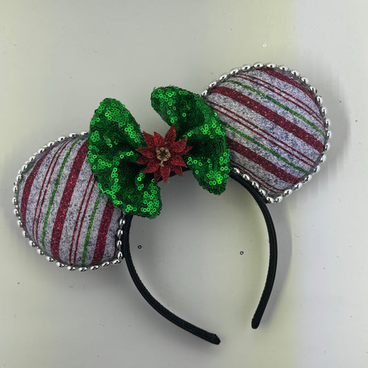 Christmas Stripes Silver w/ Green Bow Ears