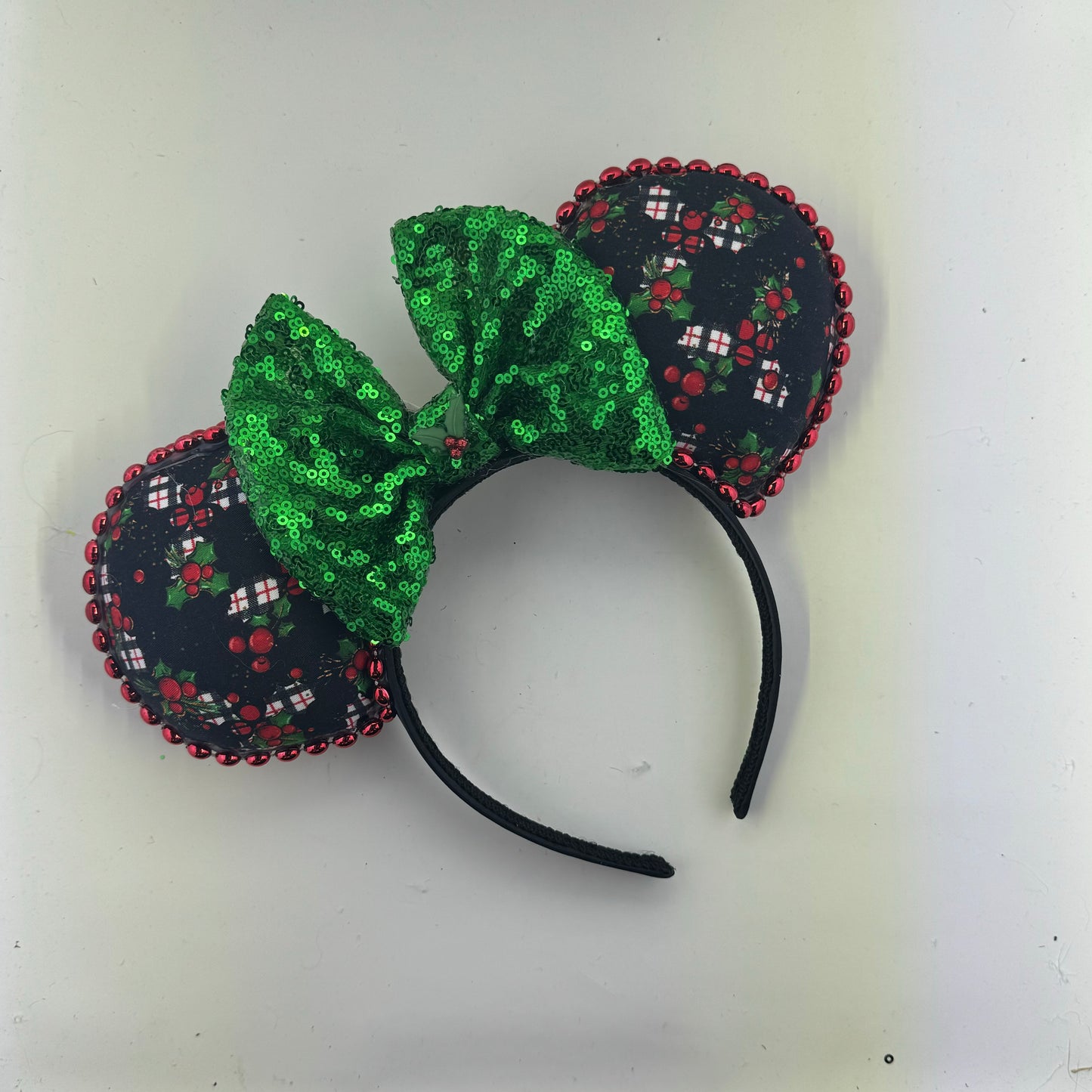 Christmas Mouse Classic Holly Black Plaid w/ Green Bow Ears.