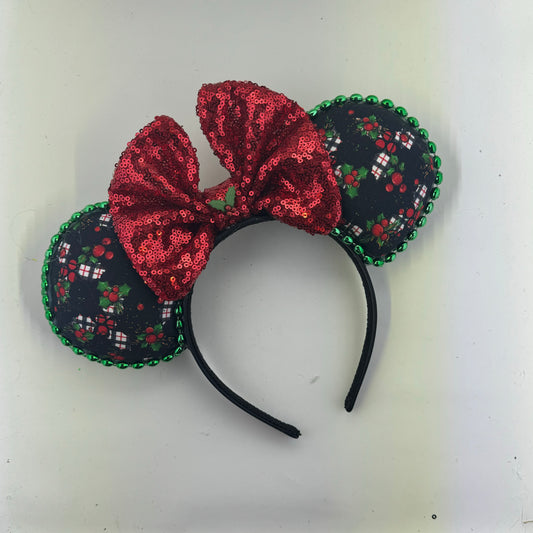 Christmas Mouse Classic Holly Black Plaid w/ Red Bow Ears.