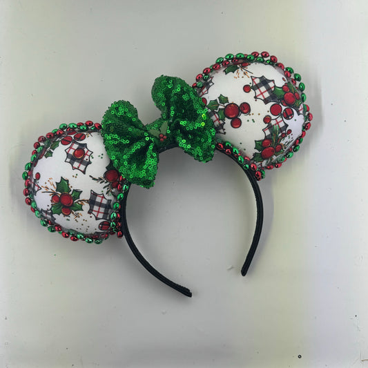 Christmas Mouse Classic Holly White Plaid w/ Green Bow Ears.