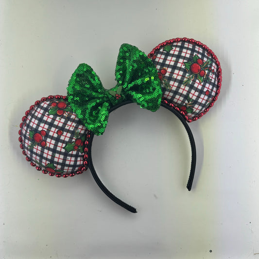 Christmas Mouse Classic White Holly Plaid w/ Green Bow Ears.