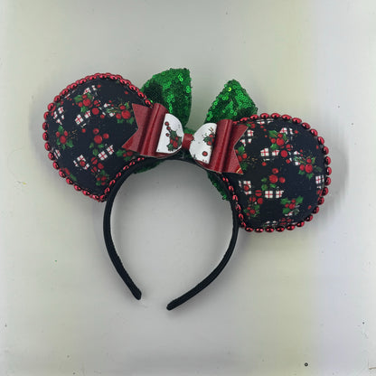 Christmas Mouse Classic Holly Black Plaid w/ Green Bow Ears.