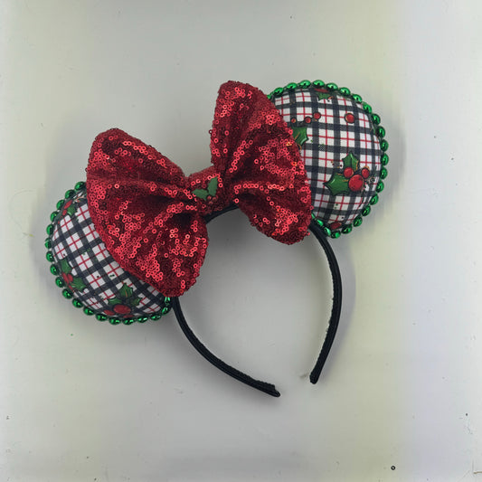 Christmas Mouse Classic White Holly Plaid w/ Red Bow Ears.